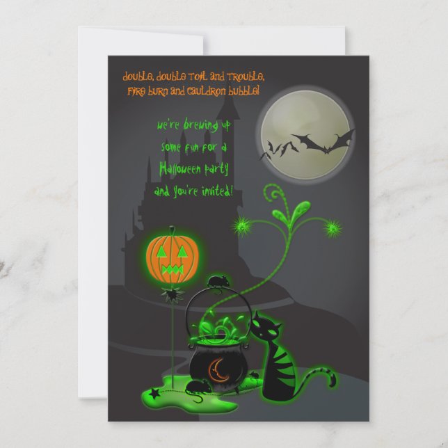 Black Cat and Cauldron Halloween Party Invitation (Front)