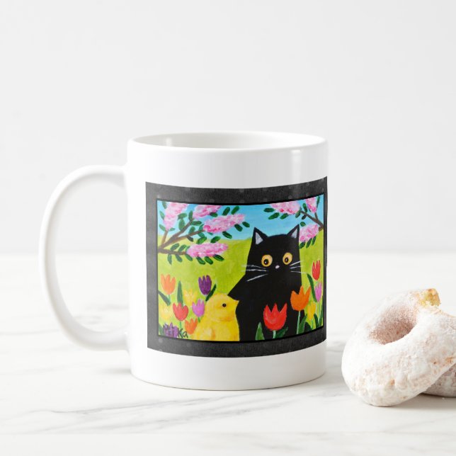 Black Cat and Chick Cute Folk Art Cat Lover Gift Coffee Mug (With Donut)