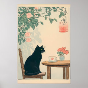 Black Cat And Coffee Print Ukiyo-e Japandi Art