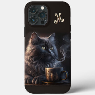 Black Cat and Coffee wiht Monogram iPhone 13 Pro Max Case