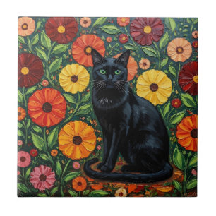 Black Cat and Colorful Folk Art Flowers Tile