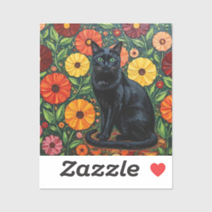 Black Cat and Colourful Folk Art Flowers