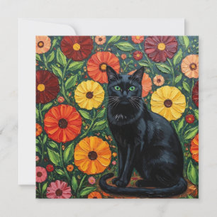 Black Cat and Colourful Folk Art Flowers
