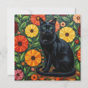 Black Cat and Colourful Folk Art Flowers Card
