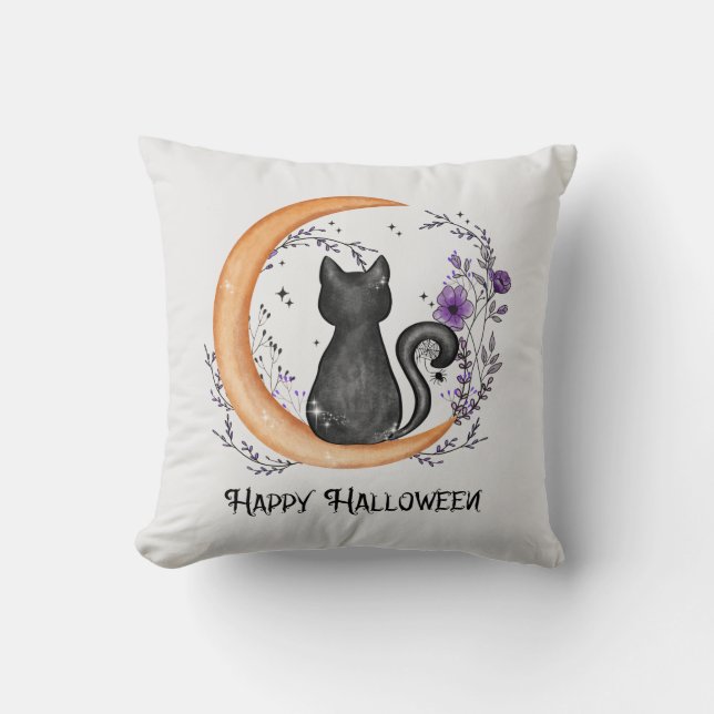 Black Cat and Crescent Moon for Happy Halloween Throw Pillow (Front)