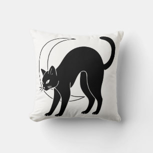 Black Cat and Crescent Moon Line Art Throw Pillow