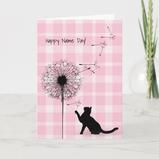 Black cat and dandelion Name Day Card (Front)