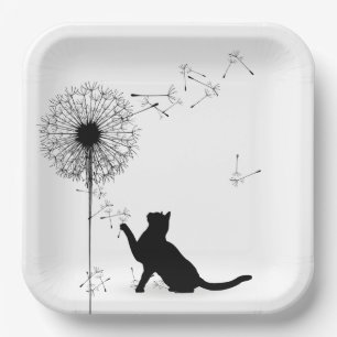 Black Cat and Dandelion  Paper Plate