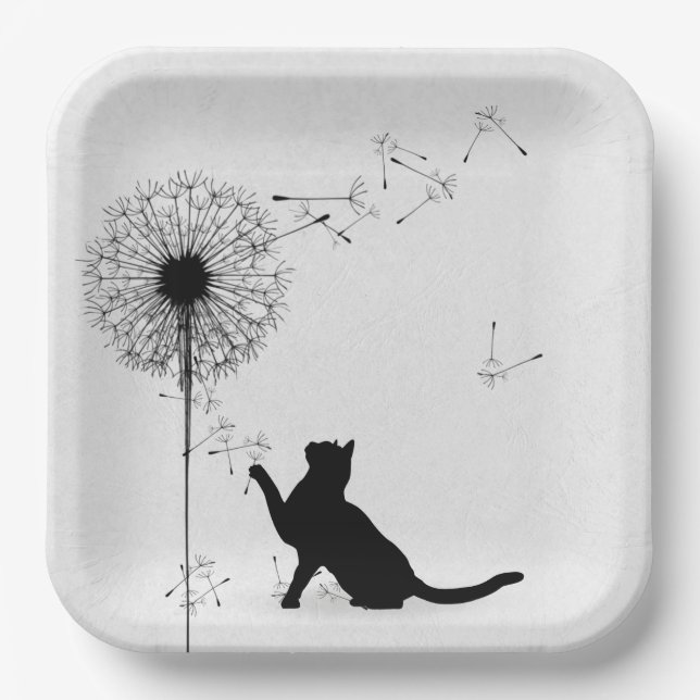 Black Cat and Dandelion Seeds Paper Plate (Front)
