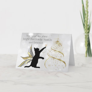 Black Cat and Decorative Gold Tree Holiday Card