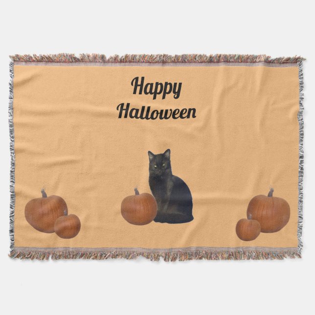 Black Cat and Five Pumpkins Happy Halloween Orange Throw Blanket (Front)