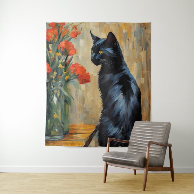 Black Cat and Flowers Tapestry (In Situ)