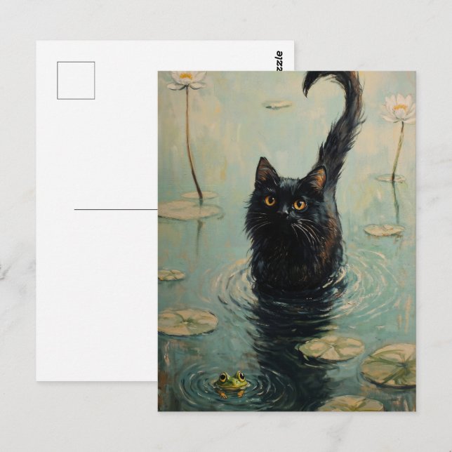 Black Cat and Frog in Lily Pond Postcard (Front/Back)