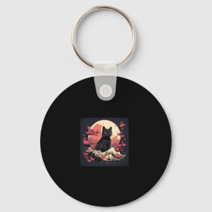 Black Cat and Full Moon Cherry Blossom Accents Keychain