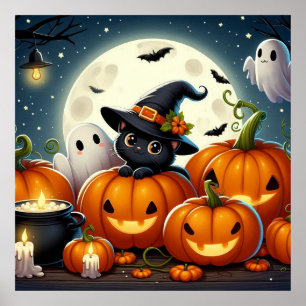 Black Cat and Ghost in a Pumpkin Patch  Poster
