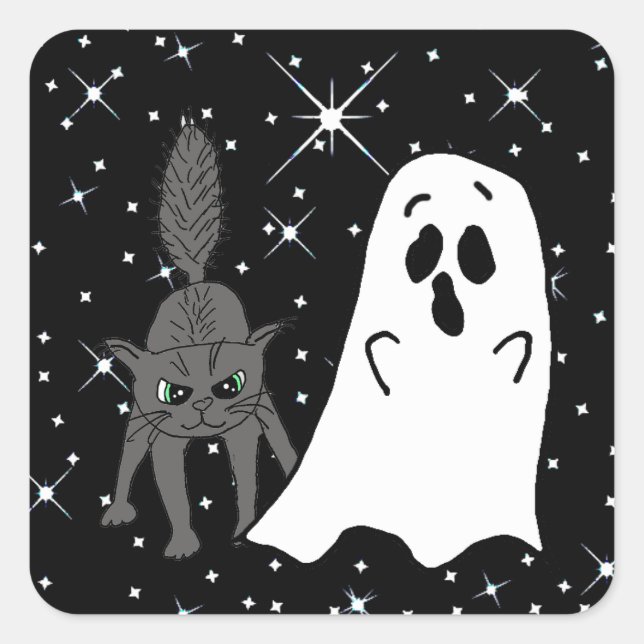 Black Cat and Ghost Scaredy Cats Halloween Square Sticker (Front)