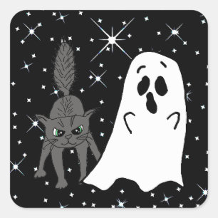 Black Cat and Ghost Scaredy Cats Halloween Square Sticker