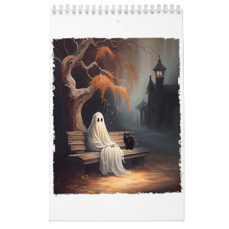 Black Cat And Ghost Sitting On Bench Halloween Dar Calendar