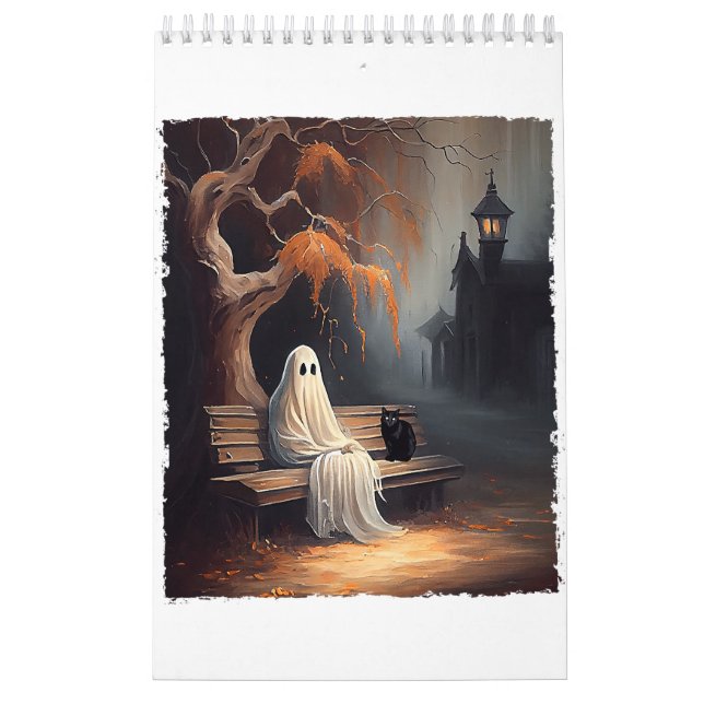 Black Cat And Ghost Sitting On Bench Halloween Dar Calendar (Cover)