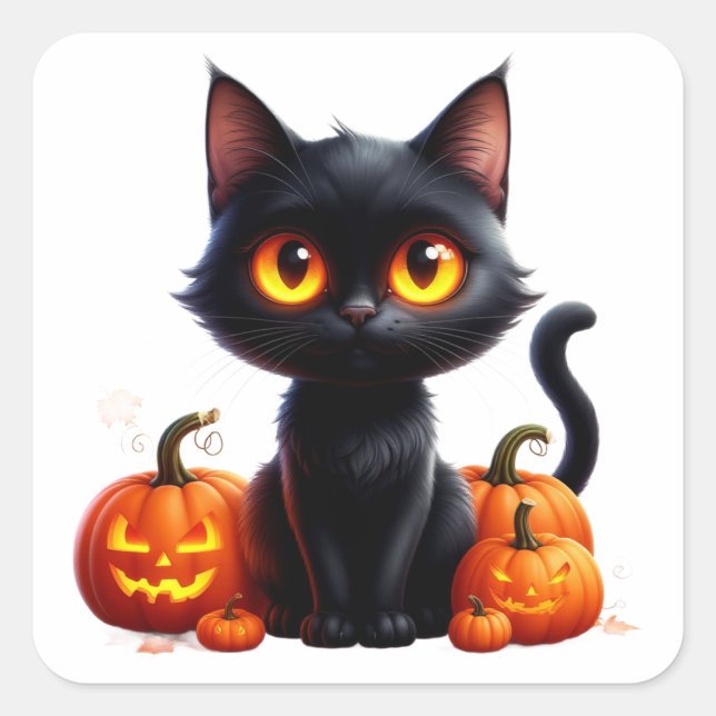 Black Cat and Gloving Pumpkins Square Sticker (Front)