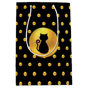 Black Cat and Gold Polka Dots Medium Gift Bag