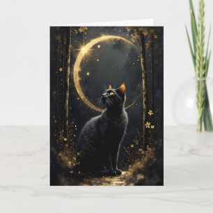 Black Cat and Golden Moon Holiday Card