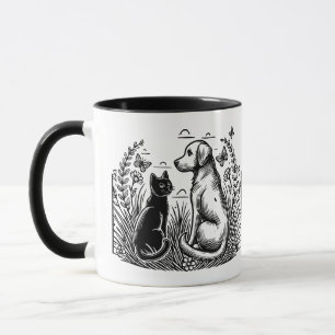 Black Cat and Golden Retriever Silhouette Mug