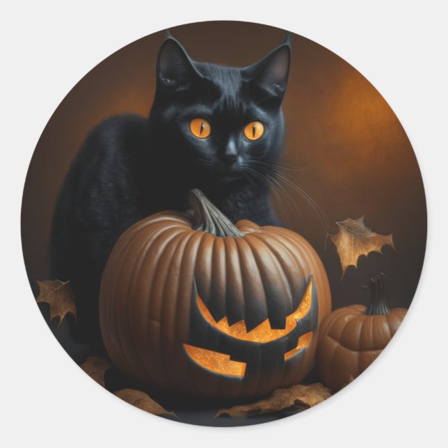 Black Cat and Jack-O-Lantern Classic Round Sticker (Front)