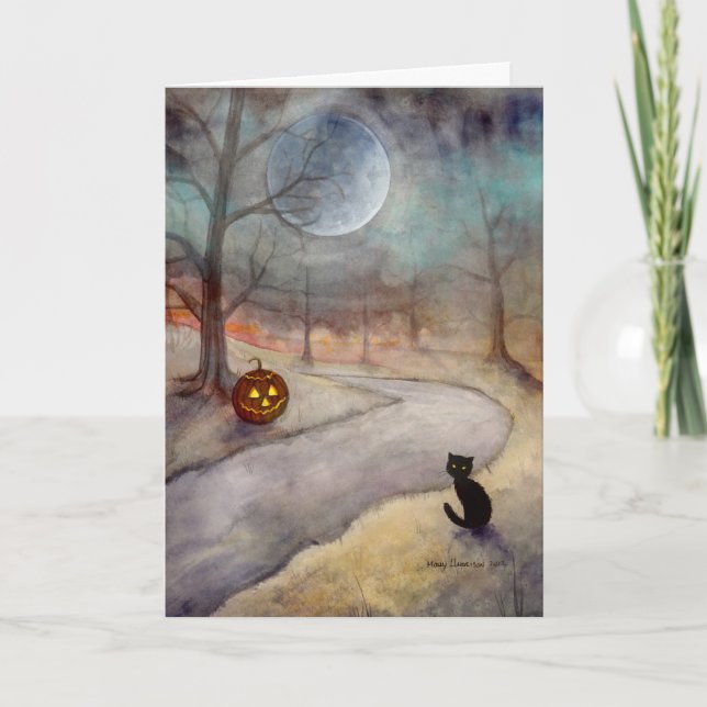 Black Cat and Jack-o-Lantern Fantasy Art Card (Front)
