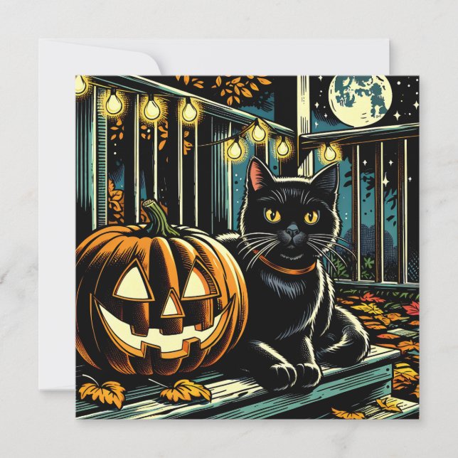 Black Cat and Jack-O=Lantern Halloween Invitation (Front)