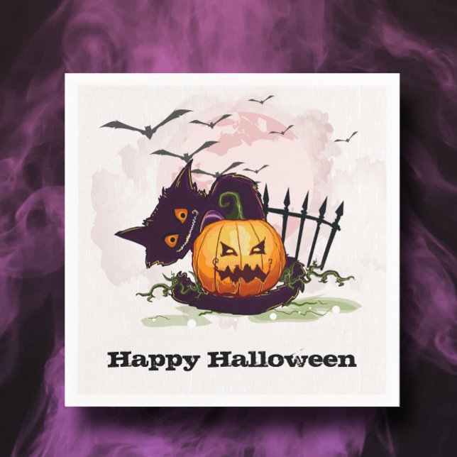 Black Cat and Jack o' Lantern Halloween Napkin (Black Cat and Jack o' Lantern Happy Halloween Napkins)