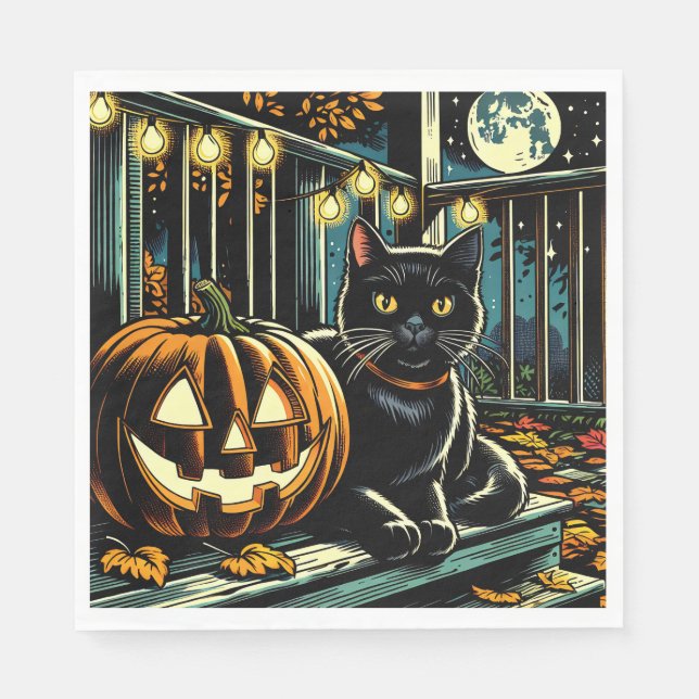 Black Cat and Jack-O-Lantern Halloween Napkin (Front)