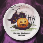 Black Cat and Jack o' Lantern Halloween Paper Plate<br><div class="desc">Bats in the sky fly above a scared black cat and a creepy leering jack o' lantern on these Halloween party paper plates. Fun for Halloween parties and Halloween birthday parties. MATCHING invitations in our collection.</div>