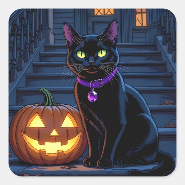 Black Cat and Jack-O-Lantern Halloween Square Sticker (Front)