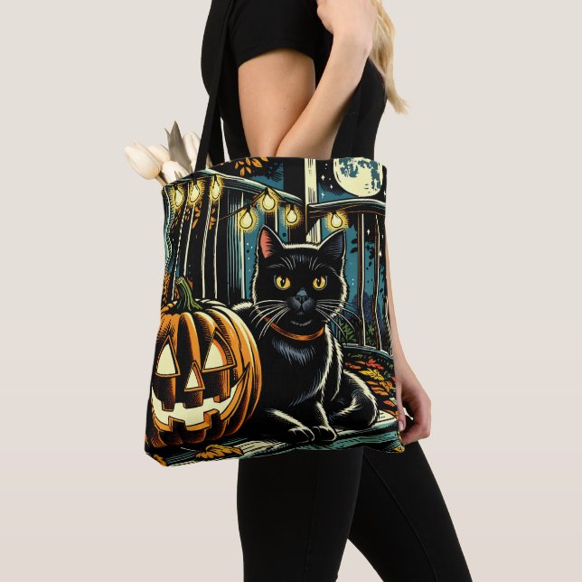 Black Cat and Jack-O-Lantern Halloween Tote Bag (Close Up)