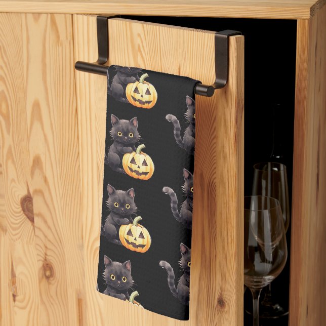 Black Cat and Jack-O' Lantern Pattern Halloween Kitchen Towel (Thirds Fold)