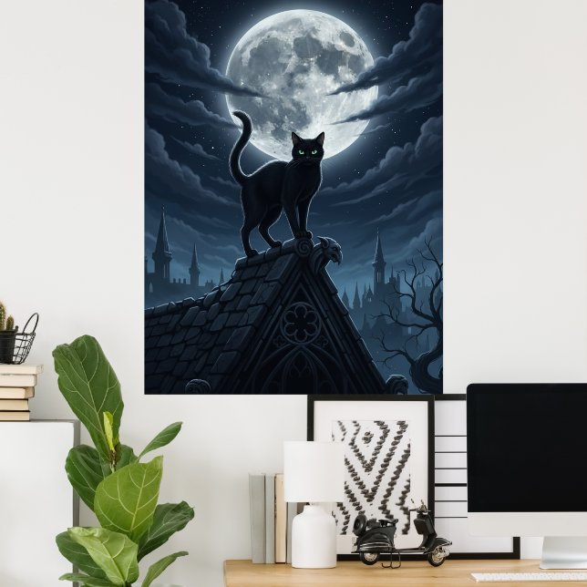 Black Cat and Moon Poster (Bureau à domicile)
