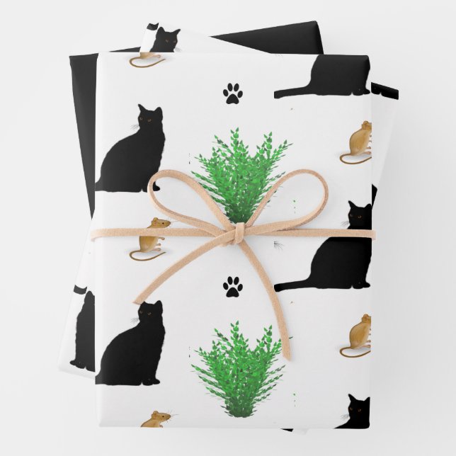 Black Cat and Mouse Pattern  Wrapping Paper Sheet (In situ)