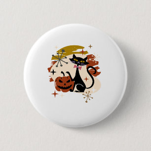 Black Cat and Pumpkin Atomic Retro Halloween 2 Inch Round Button