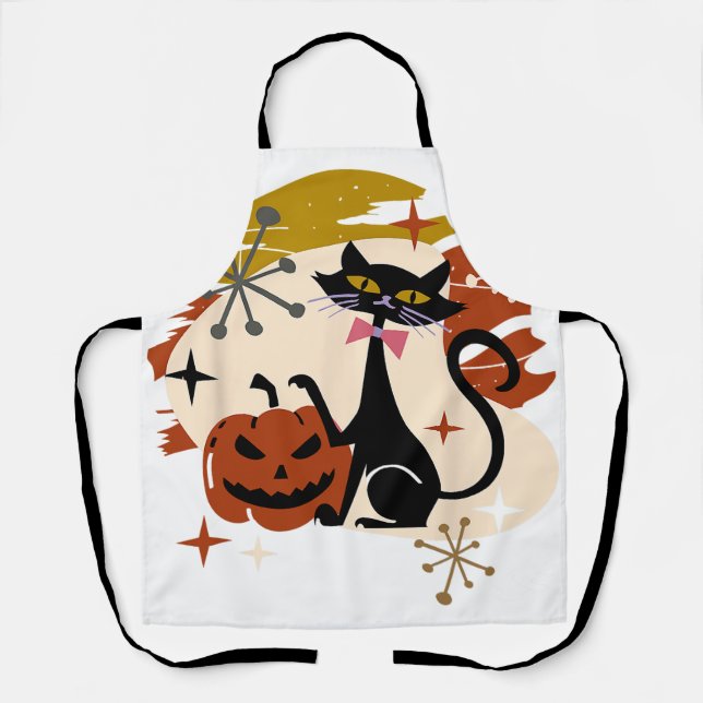 Black Cat and Pumpkin Atomic Retro Halloween Apron (Front)