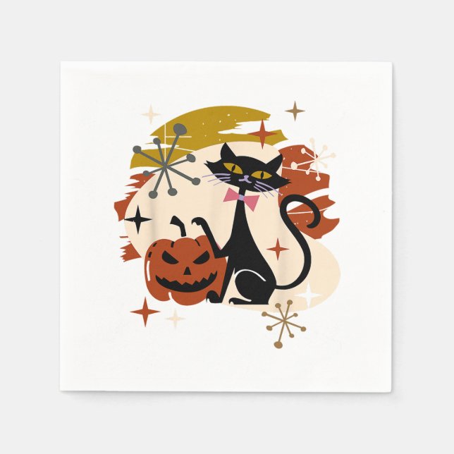 Black Cat and Pumpkin Atomic Retro Halloween Napkin (Front)