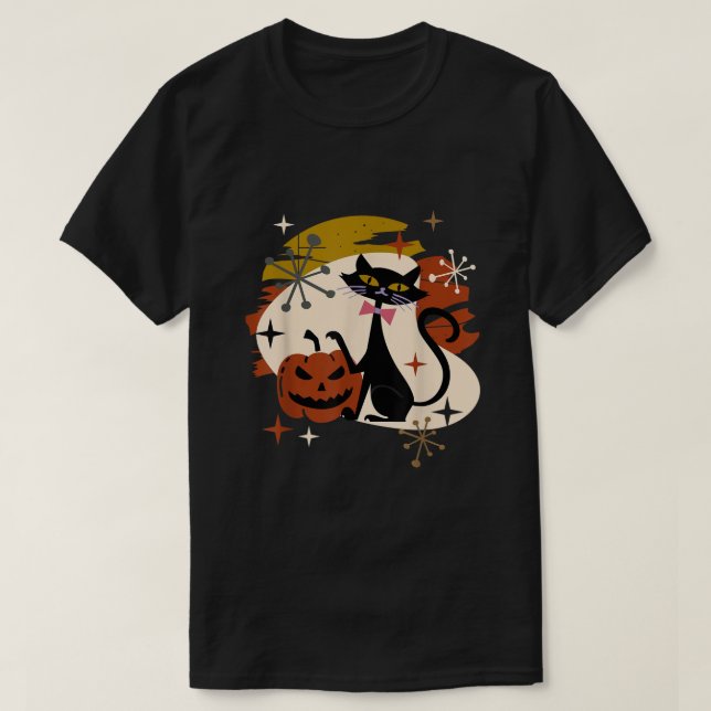 Black Cat and Pumpkin Atomic Retro Halloween  T-Shirt (Design Front)