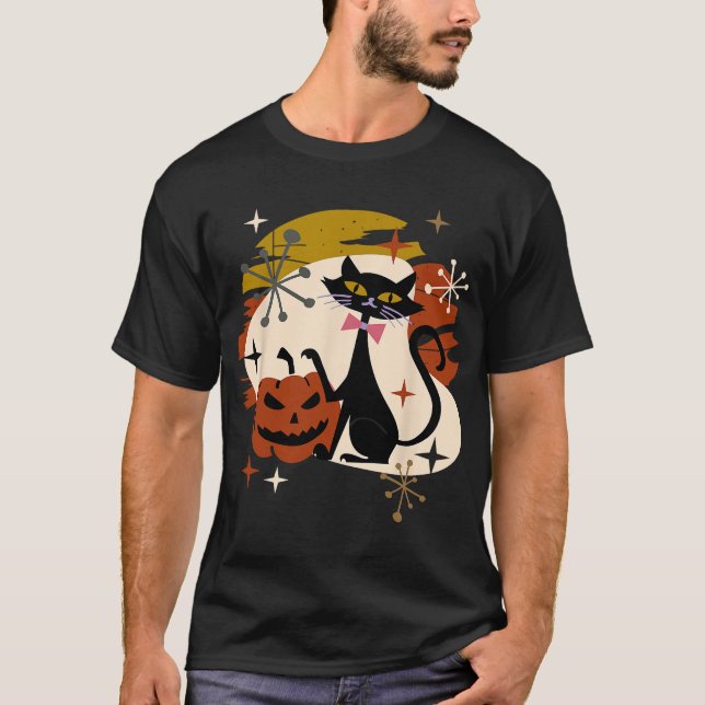 Black Cat and Pumpkin Atomic Retro Halloween T-Shirt (Front)