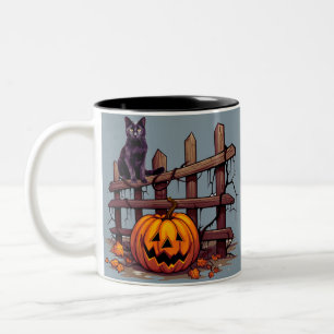 Black Cat and Pumpkin Creepy Spooky Fun Halloween Two-Tone Coffee Mug