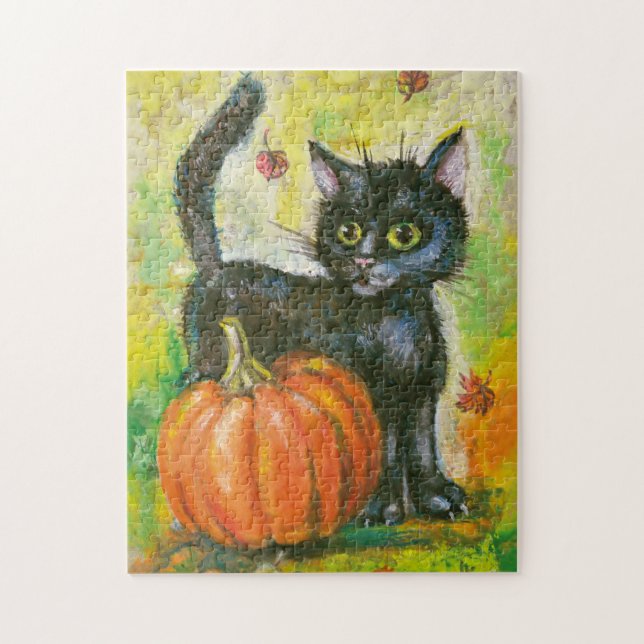 Black cat and pumpkin jigsaw puzzle (Vertical)