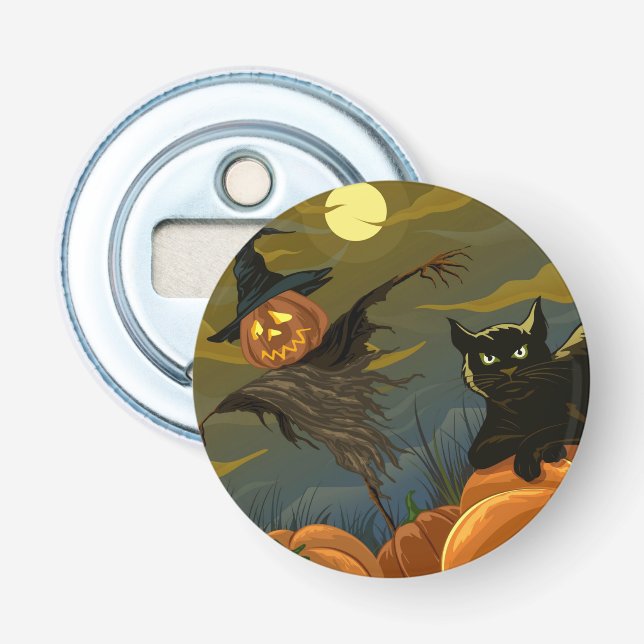 Black cat and pumpkin scarecrow bottle opener (Front)