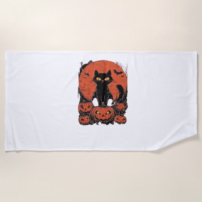 Black Cat and Pumpkins – Halloween T-Shirt Art Cla Beach Towel (Front)