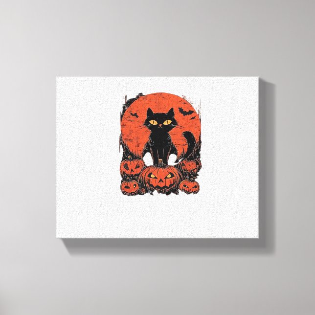 Black Cat and Pumpkins – Halloween T-Shirt Art Cla Canvas Print (Front)