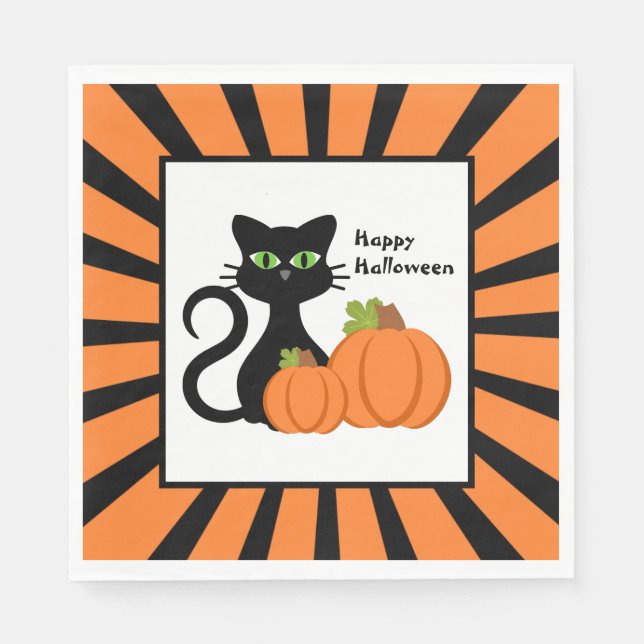 Black Cat and Pumpkins Happy Halloween Napkin (Front)