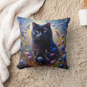 Black Cat and Purple Wildflowers Oil Painting Throw Pillow